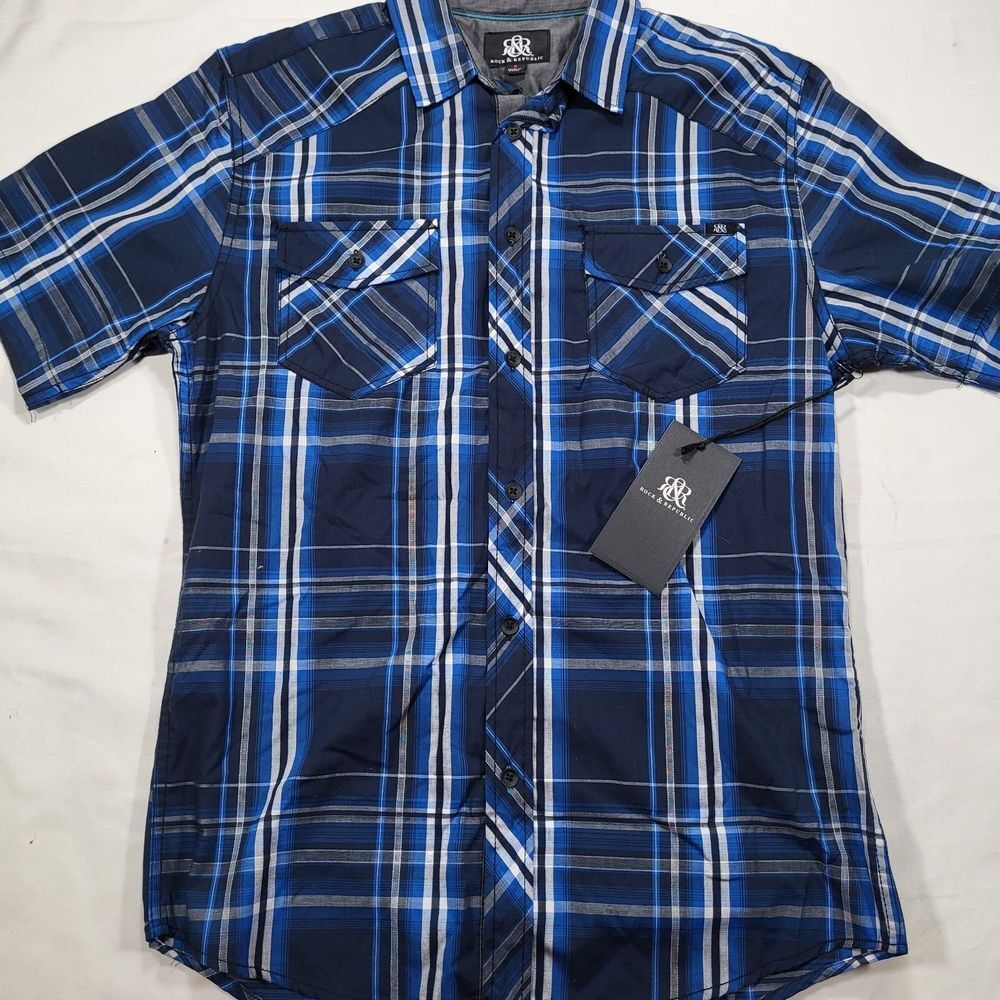 Rock & Republic Men's‎ Small Blue Plaid Short Sleeve Button Up Shirt - Picture 6 of 9